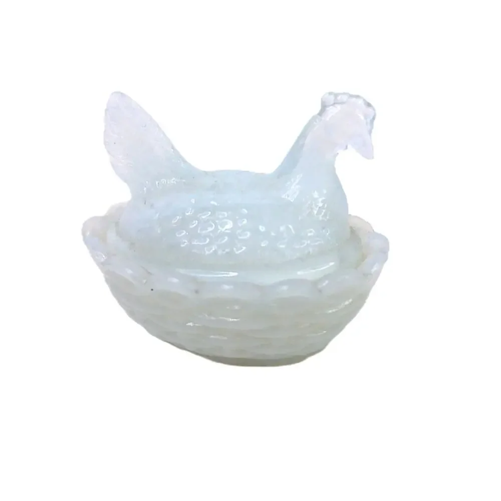 Vintage Vallerysthal French Opalescent Milk Glass Mini Hen on Nest Salt Cellar